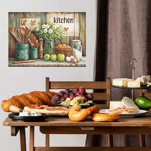 Kitchen wall mural with rustic wooden background showing cookware, flowers and apples