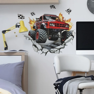3D monster truck wall sticker with fire and race flags for bedroom decoration