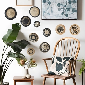Set di 9 cestini da parete in seagrass con motivi geometrici boho neri e naturali