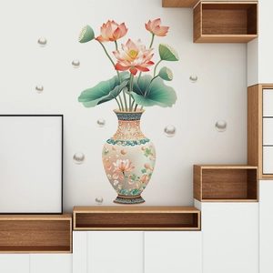 3D realistic floral wall sticker with Chinese vase, pink lotus flowers, and white pearls