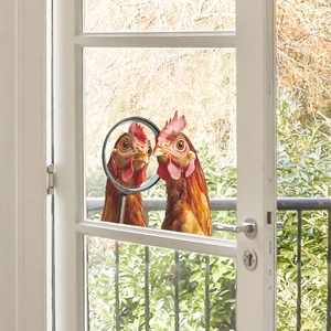 Vibrant window sticker featuring a funny rooster observing with a magnifying glass decoration