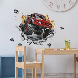 3D monster truck wall sticker decal with red racing car for kids bedroom wall decor