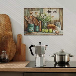 Kitchen wall art sticker with rustic daisy, cooking tools, and green apple design