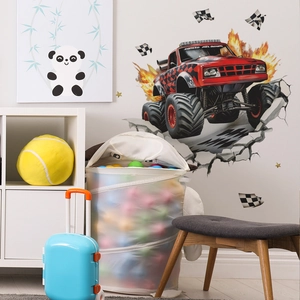 3D monster truck wall decal with red racing car crashing through wall for kids bedroom