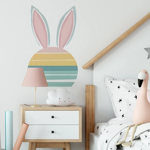 Cartoon rabbit head wall sticker with pastel stripes for children's bedroom decor