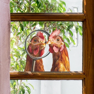 Realistic rooster window stickers with magnifying glass effect on wood frame background
