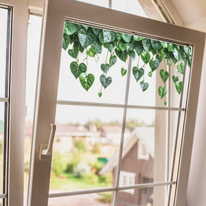 Hanging artificial ivy with heart-shaped leaves on a white window frame decoration
