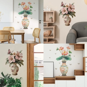 Simulation 3D Vase Flower Wall Stickers PVC Decorative Decals Lotus Hibiscus Floral Mural For Living Room Bedroom Background