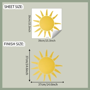 Detailed dimension guide for sun wall decal showing sheet size and finished display effect
