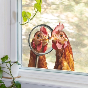 Realistic 3D chicken window stickers for home glass decor featuring humorous brown hens