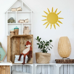 Minimalist yellow sun wall sticker in geometric style for nursery and playroom decor