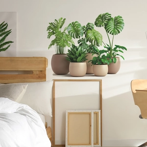 Tropical monstera and palm leaves wall stickers with beige pots for bedroom decor