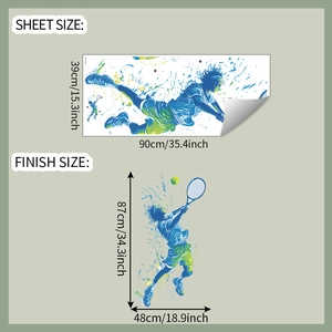 Detail showing dimensions of tennis wall sticker from 39x90cm sheet to 87x48cm layout