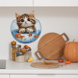 3D cat and goldfish wall sticker showing a kitten peeking into a round fish tank