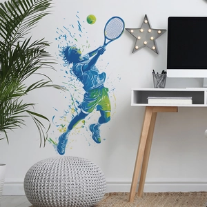 Dynamic splash art tennis player wall sticker in vibrant green and blue vinyl