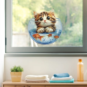 3D cute tabby cat and goldfish bowl wall sticker for home kitchen glass decoration