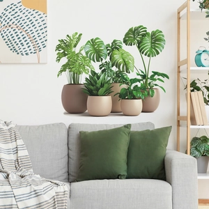 Tropical green monstera leaf wall stickers set with minimalist pots for home decor
