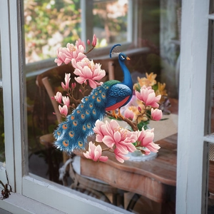 Stained glass window film with colorful peacock and magnolia flower design for home decor