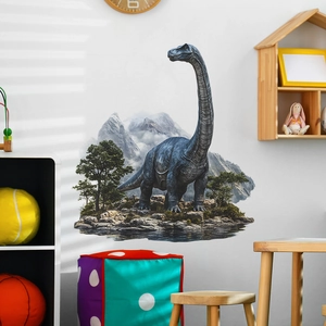 Vibrant dinosaur wall decal featuring a Brachiosaurus in a cozy children's bedroom setting