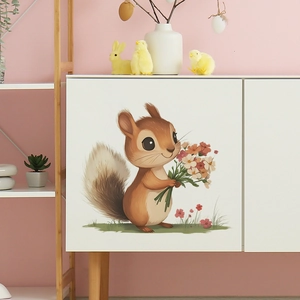 Cute cartoon squirrel wall sticker with flower bouquet for kids bedroom and living room decor