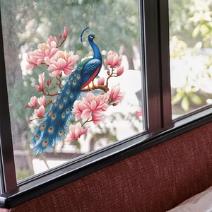 Peacock and pink magnolia glass window sticker for home living room decor