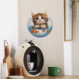 Cartoon wall sticker with a cute cat in a fishbowl for home kitchen and dining wall decor