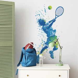 Artistic tennis player wall sticker with vibrant ink splash design for home decor