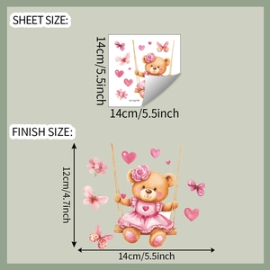 Detailed sheet size and finish size guide for pink teddy bear cartoon wall sticker