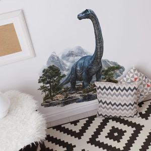 Realistic cartoon dinosaur wall sticker with snowy mountains for modern bedroom decor