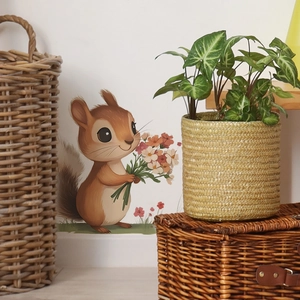 Cute cartoon squirrel wall sticker with flowers for cozy home bedroom wall decoration