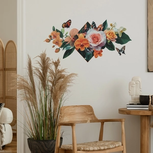 Adesivo murale con rose rosa e farfalle per decorazioni domestiche stile nordico