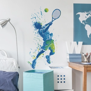 Artistic splash-ink tennis player wall sticker in vibrant blue and green for home decor