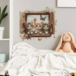 3D creative fake window wall sticker featuring cute kittens and floral home decor