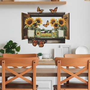 3D false window wall sticker with sunflower field and butterflies for home wall decor