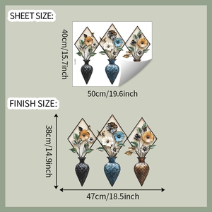 Detail of vintage flower vase wall stickers showing dimensions and final application look