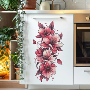 Pink cherry blossom wall stickers with purple leaves decorating a white kitchen cabinet