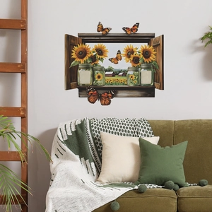 3D open window wall sticker with sunflower farm landscape and butterfly decals