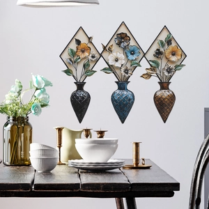 Retro Simulation Flower Vase PVC Wall Stickers Metal Look Rhombus Floral Decals For Living Room Bedroom Home Decor