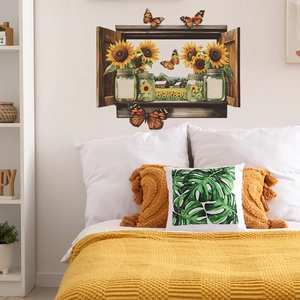 3D sunflower fake window wall sticker with rustic wooden frame and butterfly accents