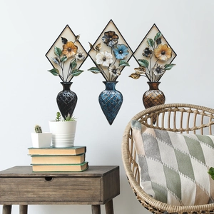 Set of 3 vintage metal flower vase wall art plaques with 3D embossed floral designs