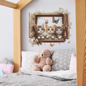 Creative 3D faux window wall sticker with cute cats and flowers for bedroom decor