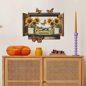 3D sunflower wall sticker with butterfly accents and rustic farmhouse window design