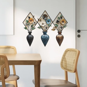 Three-piece set of retro metal vase wall decor with floral patterns and diamond frames