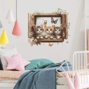 3D realistic wall decal featuring three cute kittens in a faux wooden window frame