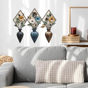 Three-piece vintage metal wall art set with 3D floral vases for living room home decor