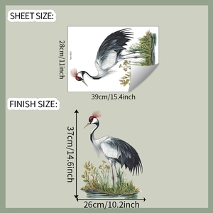 Detailed sheet and finish size dimensions for the red-crowned crane wall sticker