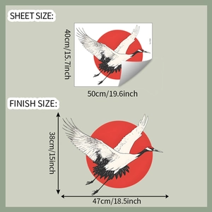 Japanese style wall sticker size guide showing sheet dimensions and finished display layout