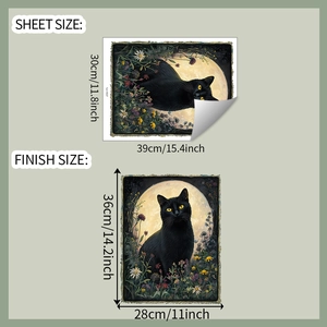 Detail of vintage cat and moon wall sticker showing sheet and finish size dimensions
