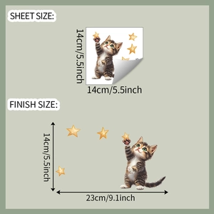 Detailed size guide for cute cat and stars wall sticker measuring 14x23cm