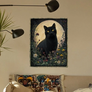 Artistic Black Cat And Moon Floral PVC Wall Sticker Removable Oil Painting Style Home Decor Mural For Living Room Bedroom